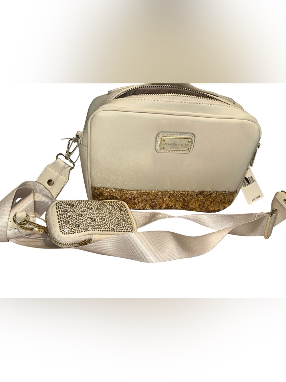 Madden Girl Cream Crossbody Bag with Gold Sequin Trim W/pouch NWT